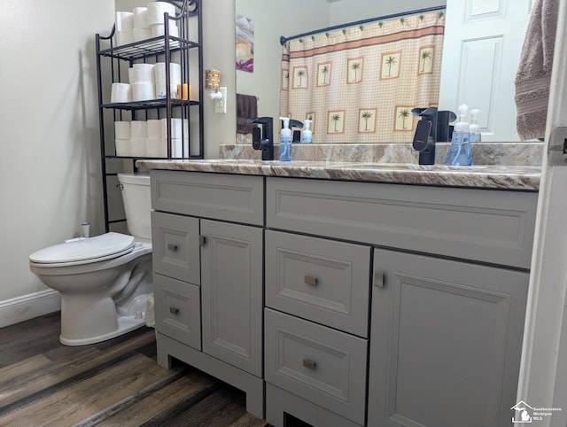 bathroom featuring toilet, vanity, and hardwood / wood-style flooring