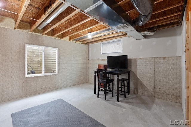 basement with brick wall