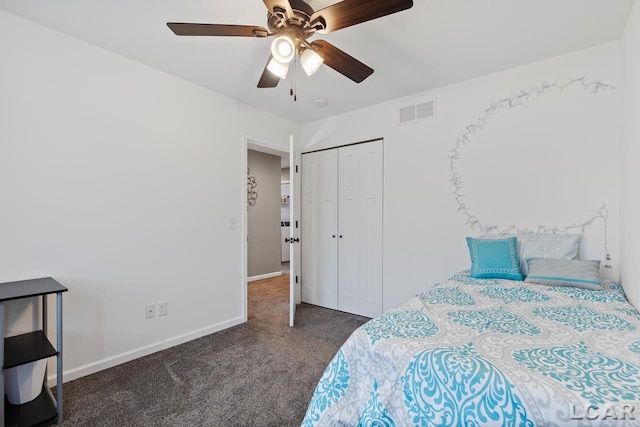 bedroom featuring ceiling fan, a closet, and dark carpet