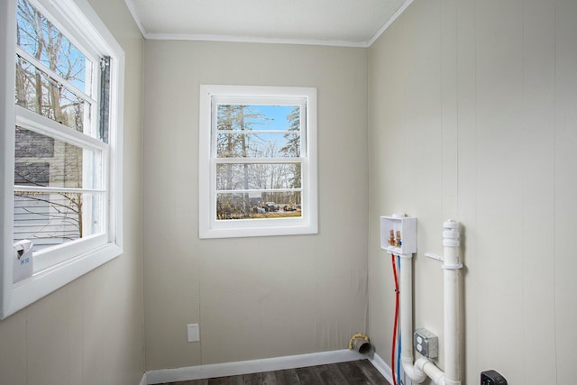 clothes washing area featuring dark hardwood / wood-style flooring, crown molding, and a healthy amount of sunlight