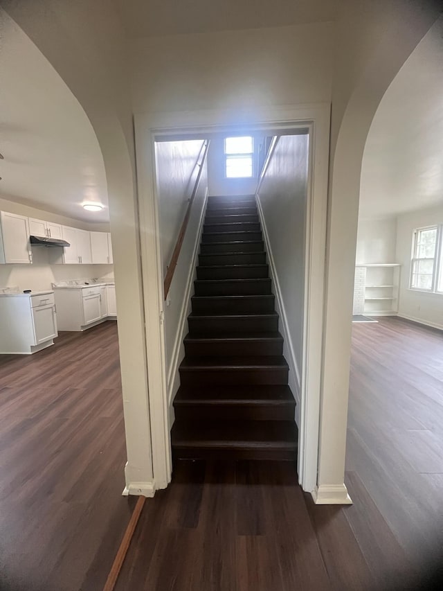 1060 Cross St, Saginaw, MI 48602 - stairs featuring arched walkways, wood finished floors, and baseboards