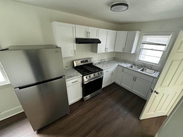 kitchen featuring dark wood-type flooring, under cabinet range hood, stainless steel appliances, and a sink