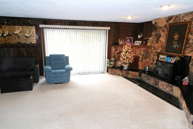 living room with carpet flooring and wooden walls