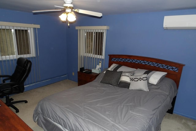 carpeted bedroom featuring ceiling fan, a baseboard radiator, and a wall mounted AC