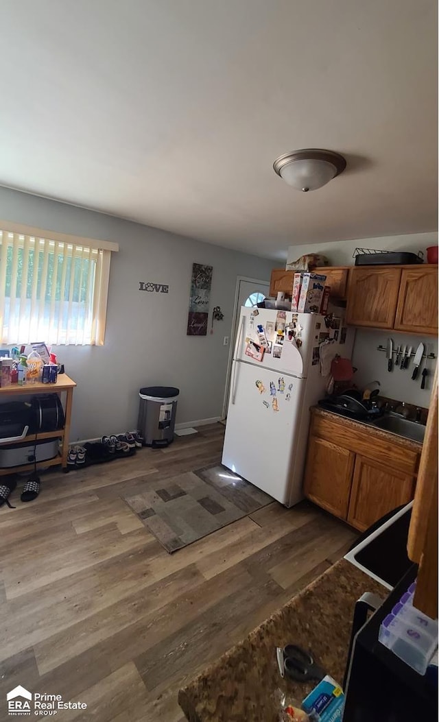 kitchen featuring dark hardwood / wood-style flooring, white fridge, and sink