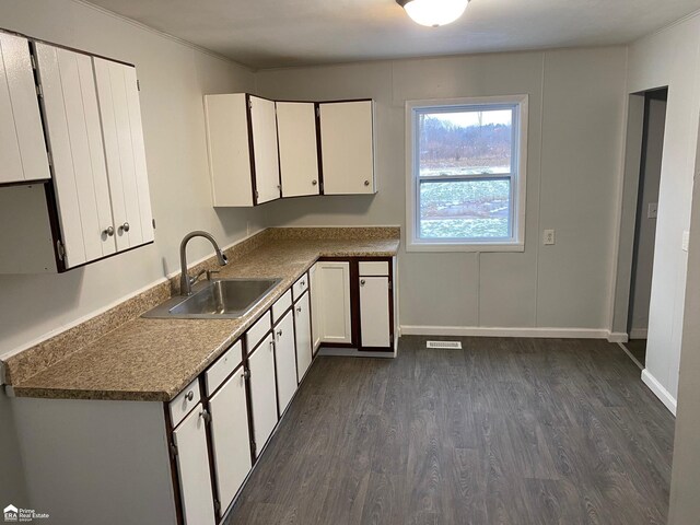 1063 Dunkirk Ave, Mount Morris, MI 48458 - kitchen with a sink, dark wood-style floors, white cabinetry, and baseboards