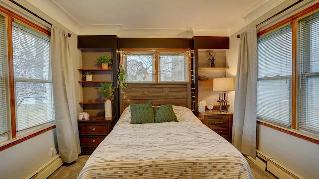 bedroom with baseboard heating and multiple windows