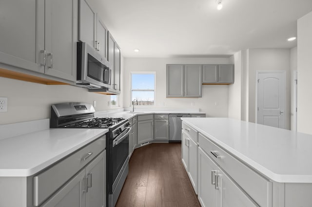 kitchen featuring gray cabinets, dark wood-style flooring, a sink, stainless steel appliances, and light countertops