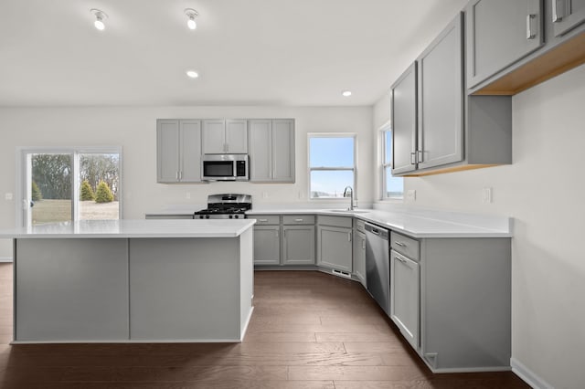 kitchen featuring gray cabinetry, dark wood finished floors, light countertops, appliances with stainless steel finishes, and a sink