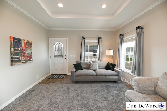 living room with dark carpet, a tray ceiling, and plenty of natural light