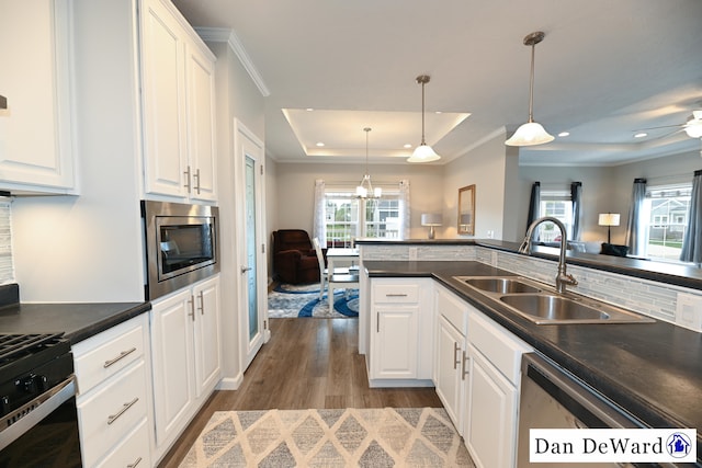 kitchen featuring sink, appliances with stainless steel finishes, white cabinets, decorative light fixtures, and a raised ceiling