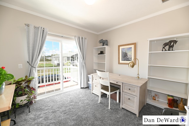 carpeted office with crown molding