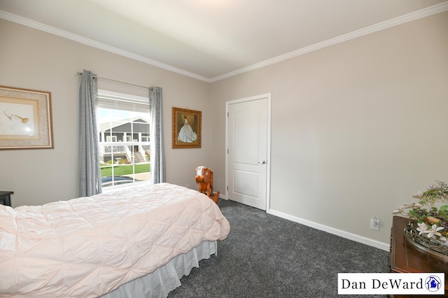 carpeted bedroom featuring ornamental molding