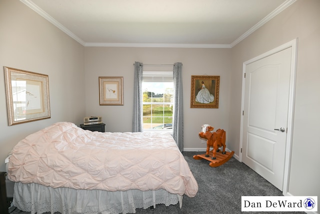 bedroom with ornamental molding and carpet