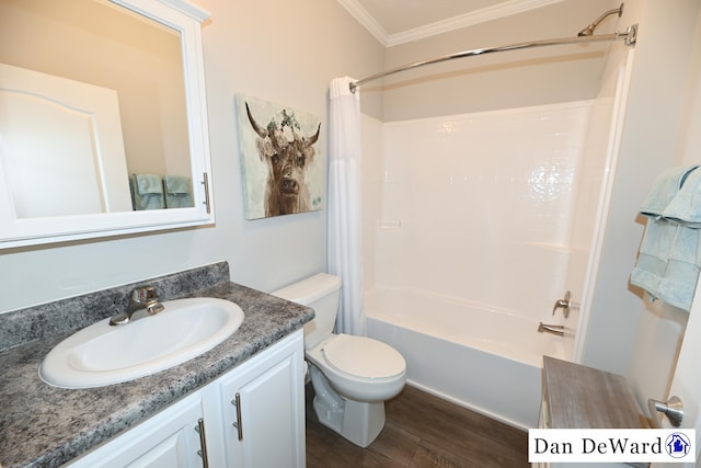 full bathroom with toilet, ornamental molding, vanity, shower / bath combo with shower curtain, and hardwood / wood-style floors