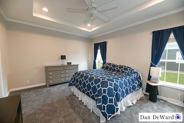 carpeted bedroom with a raised ceiling, ceiling fan, and multiple windows