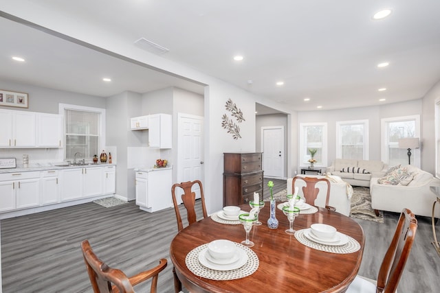 dining room with sink and dark hardwood / wood-style floors