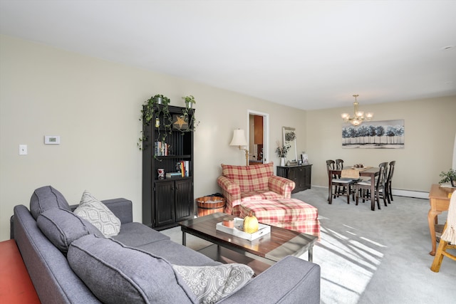 living room with light colored carpet, a baseboard radiator, and a chandelier