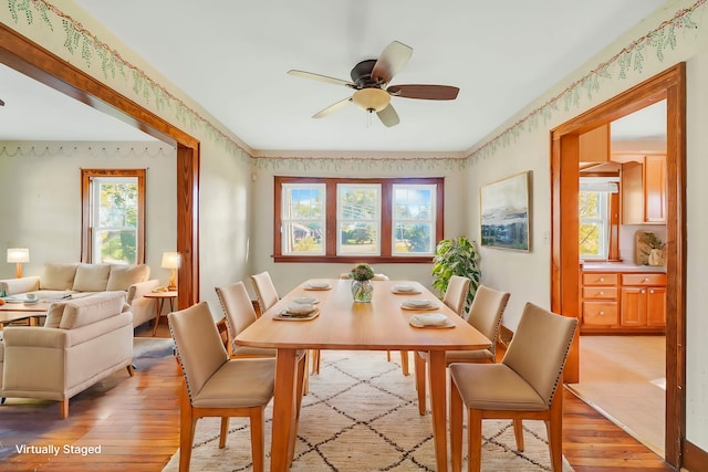 dining space featuring ceiling fan and light wood-type flooring