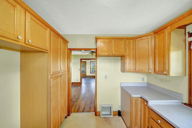 kitchen with ceiling fan, light wood-type flooring, and a textured ceiling