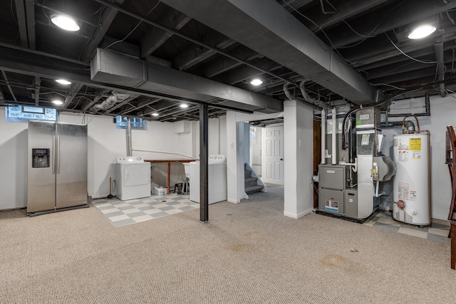 basement featuring stainless steel refrigerator with ice dispenser, gas water heater, carpet flooring, and heating unit