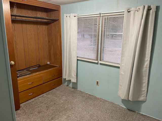 bedroom featuring carpet floors, a closet, and wooden walls