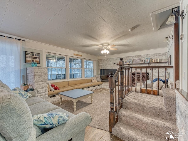 11477 Highland Hills Dr, Jerome, MI 49249 - living room featuring wood finished floors, crown molding, and ceiling fan