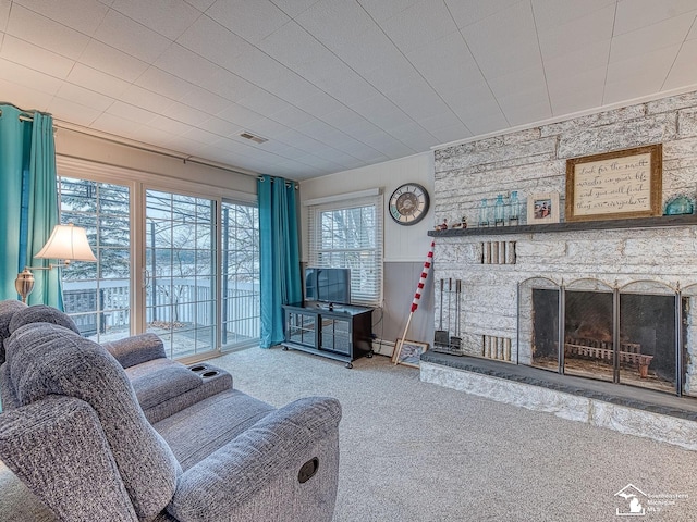 11477 Highland Hills Dr, Jerome, MI 49249 - carpeted living area with a fireplace and a baseboard heating unit