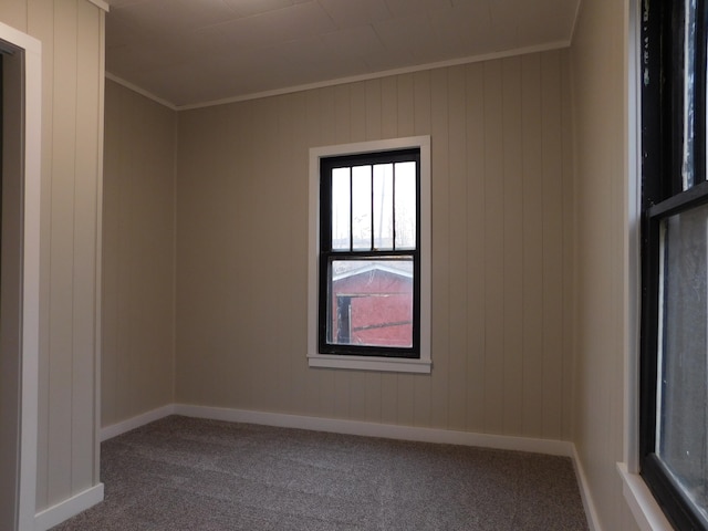 carpeted spare room with wood walls and ornamental molding