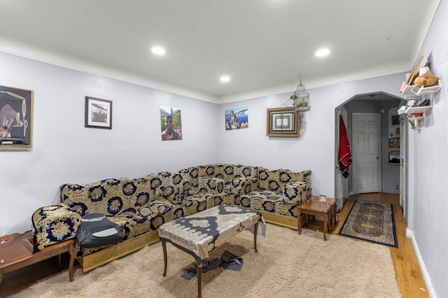 living room with light hardwood / wood-style flooring and ornamental molding