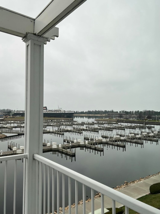 view of water feature with a dock