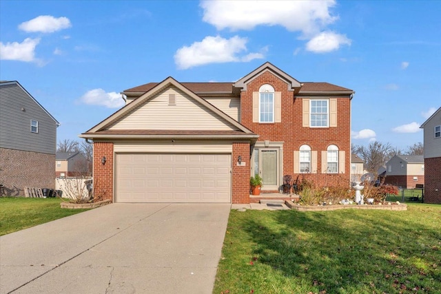 view of front of property with a front yard and a garage