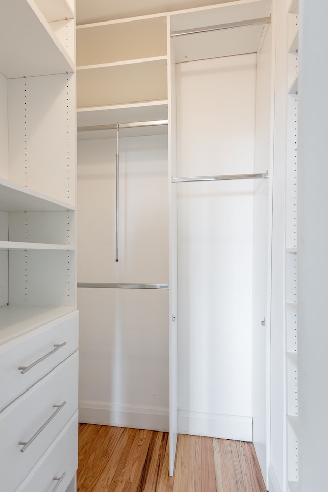 walk in closet with light hardwood / wood-style flooring