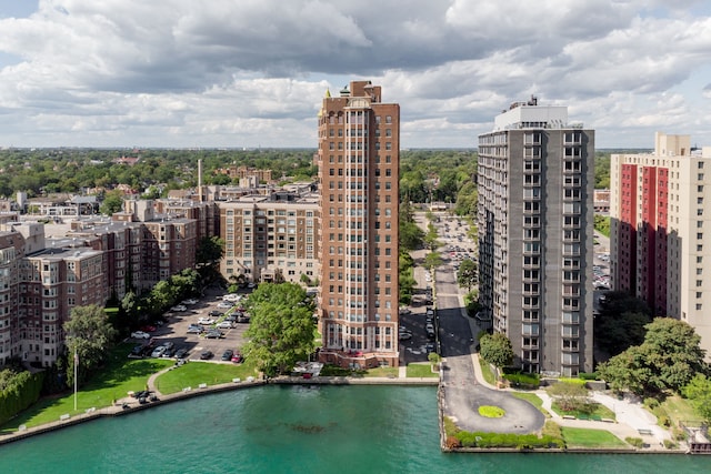 drone / aerial view with a water view