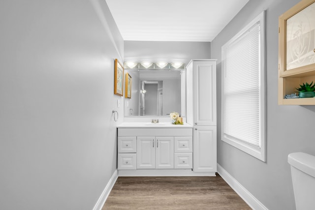 bathroom with hardwood / wood-style flooring, vanity, and toilet