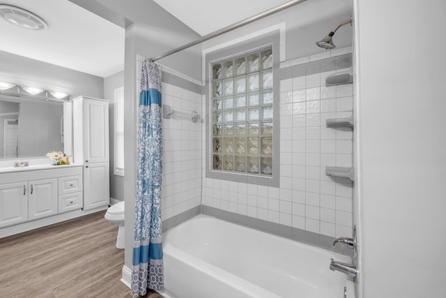 full bathroom featuring shower / bath combination with curtain, vanity, toilet, and wood-type flooring