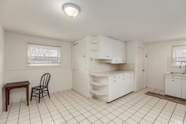 kitchen featuring backsplash, sink, and white cabinetry