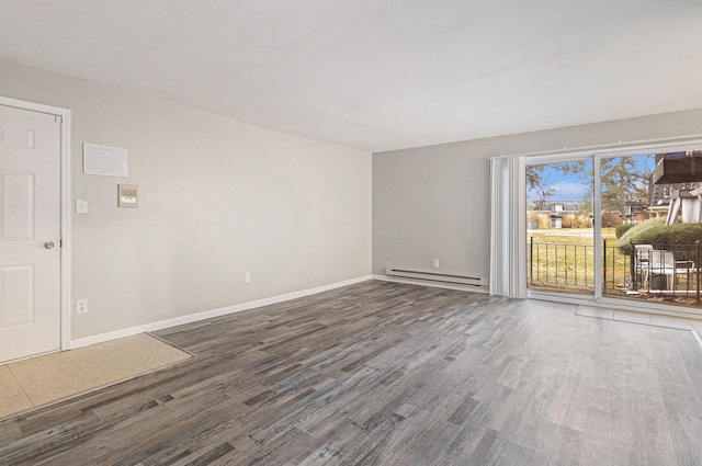 empty room featuring dark hardwood / wood-style flooring and a baseboard heating unit