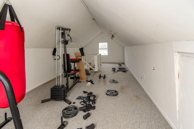 exercise area with carpet floors and lofted ceiling