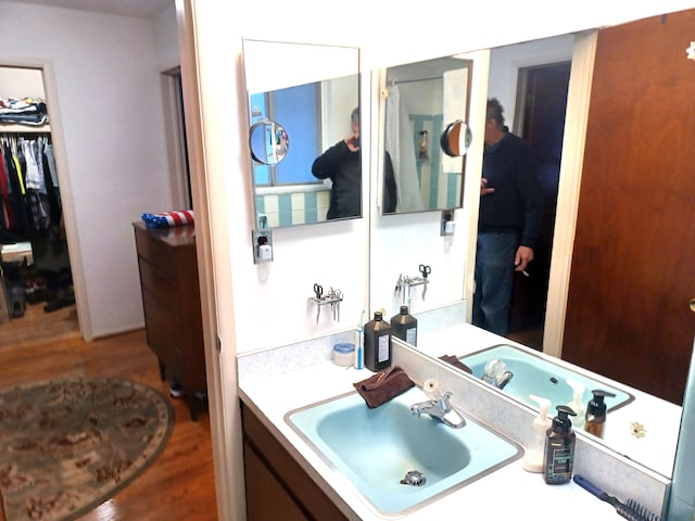 bathroom featuring hardwood / wood-style floors and vanity