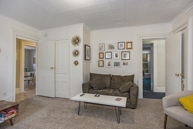 carpeted living room featuring ornamental molding