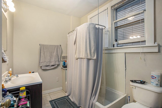 full bathroom with shower / bath combination with curtain, tile patterned floors, toilet, and vanity