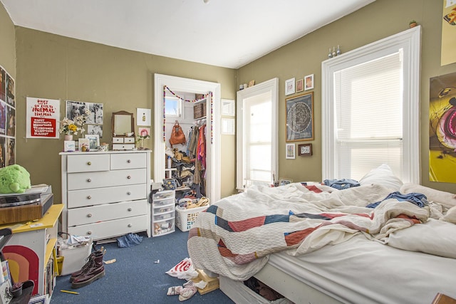 carpeted bedroom featuring a spacious closet and a closet