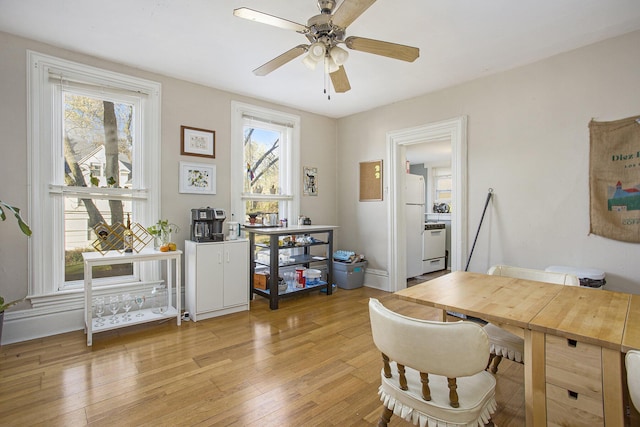 home office featuring ceiling fan and light hardwood / wood-style floors