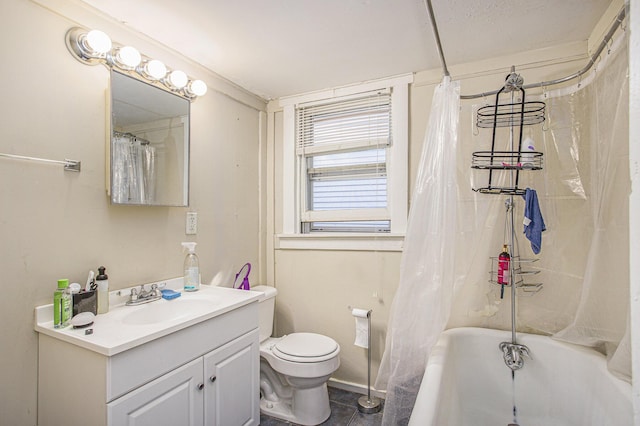 full bathroom featuring vanity, toilet, and shower / bath combo with shower curtain