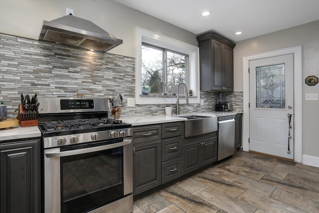 kitchen with ventilation hood, sink, appliances with stainless steel finishes, and tasteful backsplash