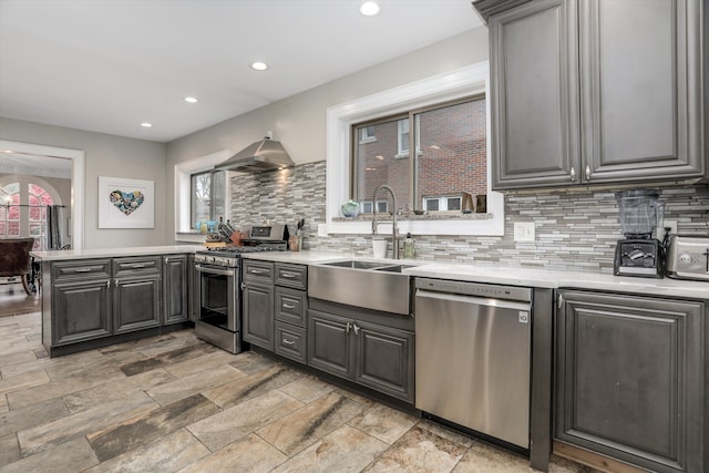 kitchen featuring wall chimney range hood, sink, gray cabinets, tasteful backsplash, and stainless steel appliances