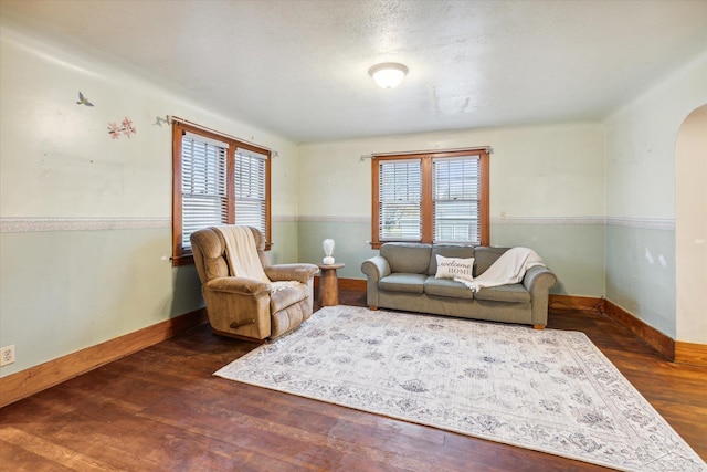 living room featuring a textured ceiling, dark hardwood / wood-style floors, and a healthy amount of sunlight