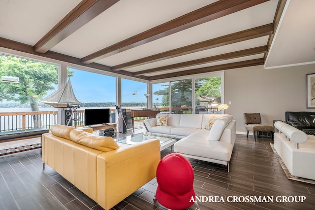 living room with beam ceiling, dark hardwood / wood-style flooring, and plenty of natural light