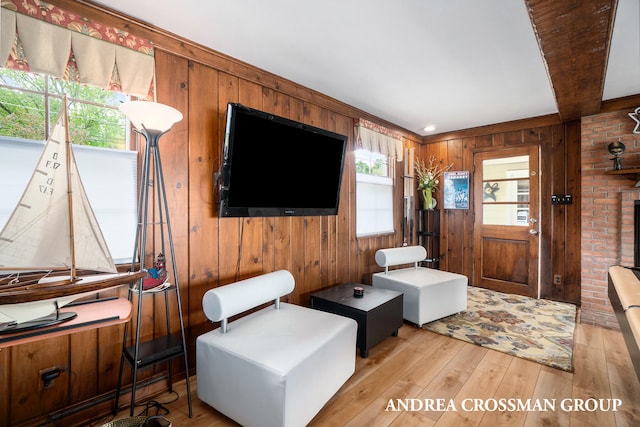 living room with wood walls and light hardwood / wood-style floors